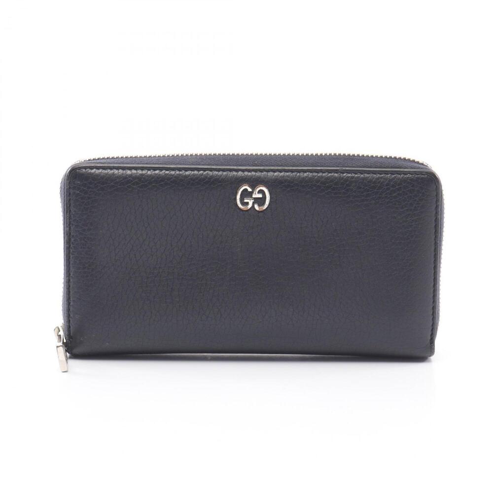 Gucci GG Metal Round Long Wallet, Leather, Men's/Women's, Navy, 473928